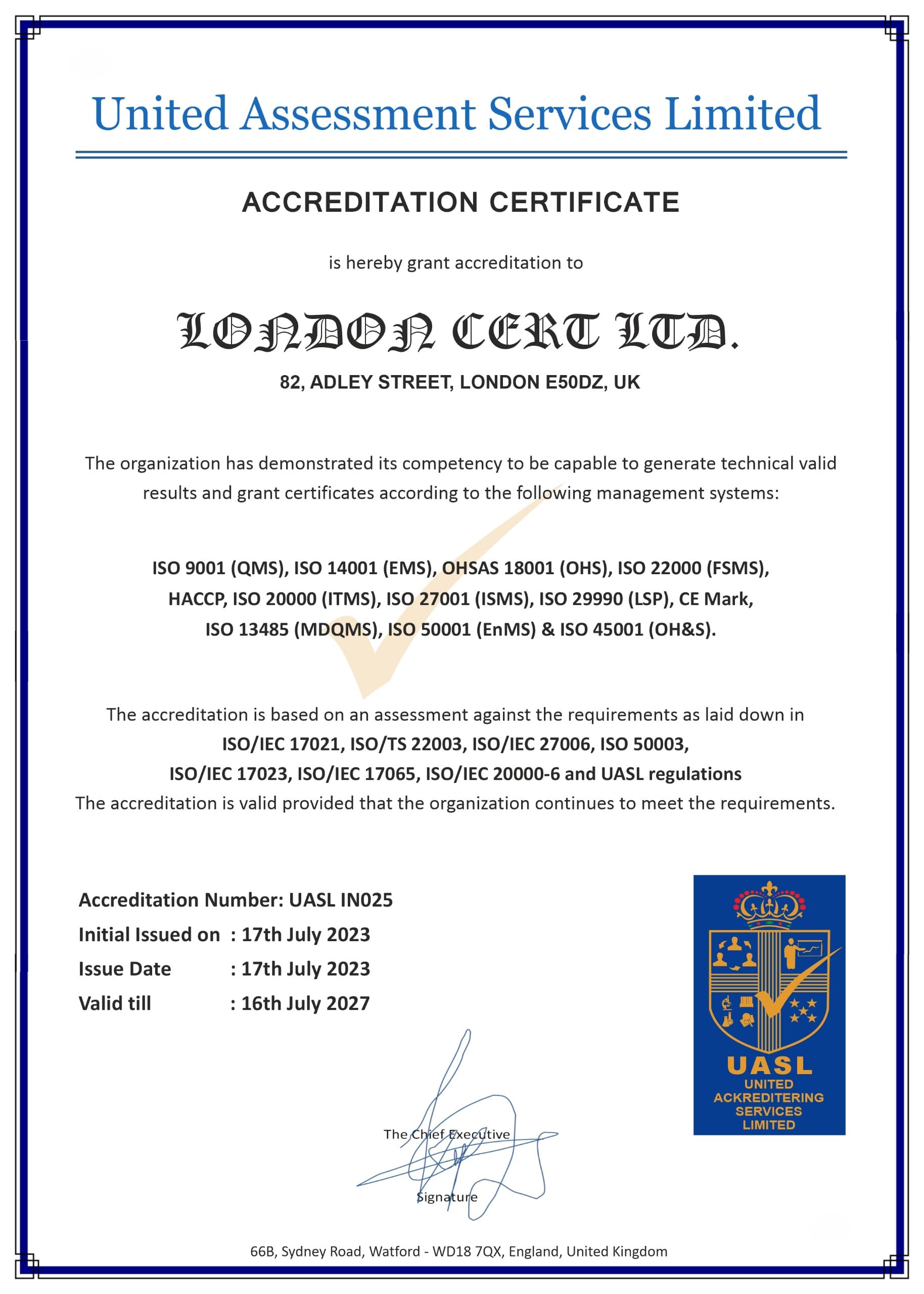 UASL Accreditation Certificate - London Cert Ltd